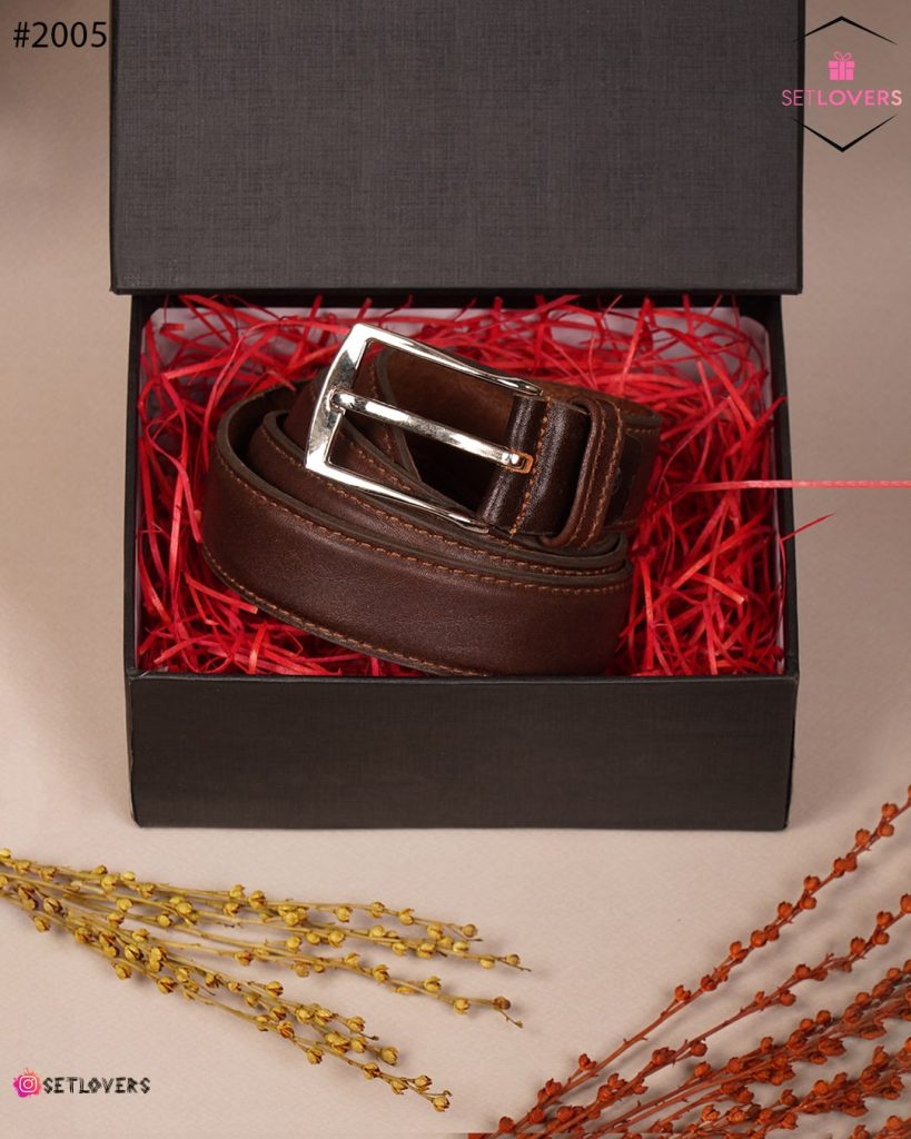 کمربند چرم با جعبه هارد باکس رنگ قهوه ای تیره